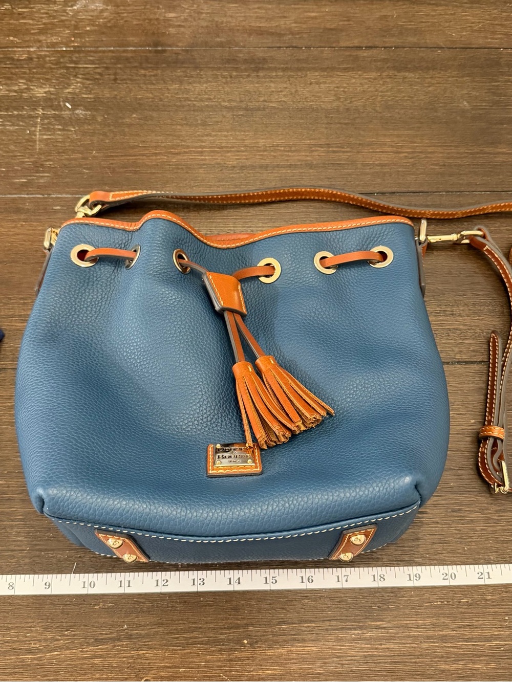 Dooney & Bourke Blue Leather Drawstring Crossbody with Tan Accents New w/o Tags - Picture 2 of 8